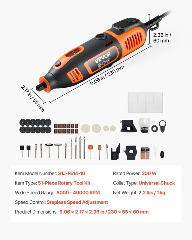 VEVOR 51-Piece Rotary Tool Kit 200W Mini Power Rotary Tool Corded 8000-40000RPM gallery