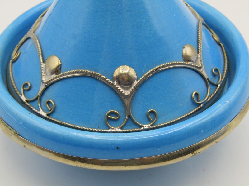 MOROCCAN HANDCRAFTED CLAY POTTERY TAGINE w/NICKEL SILVER OVERLAY (4.25") gallery