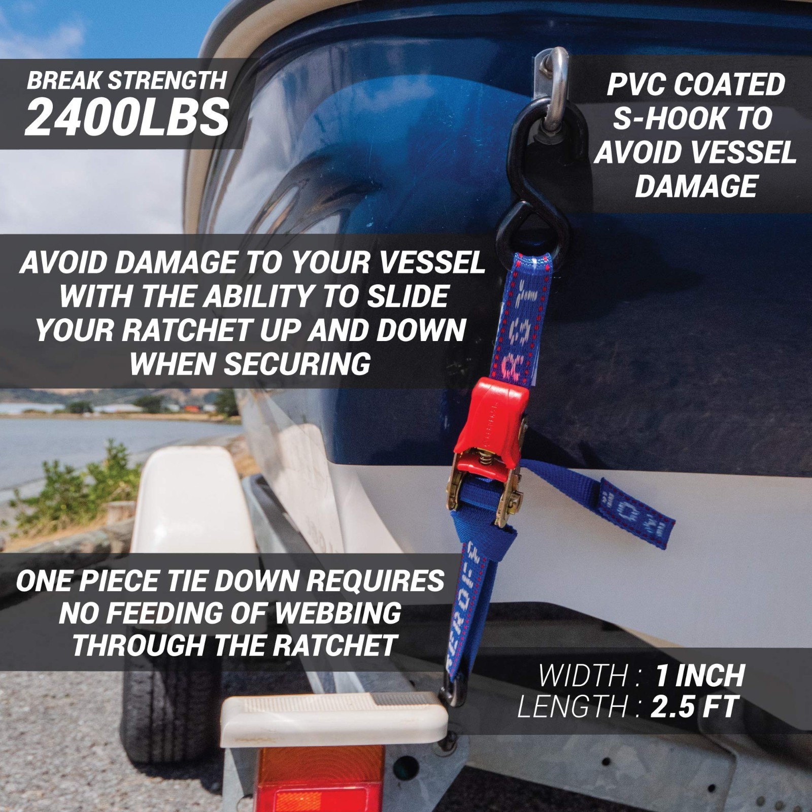 Heavy Duty Ratchet Boat Straps - 2 Pack, 2400lbs Break Strength, 1"x2.5' UV Trea gallery