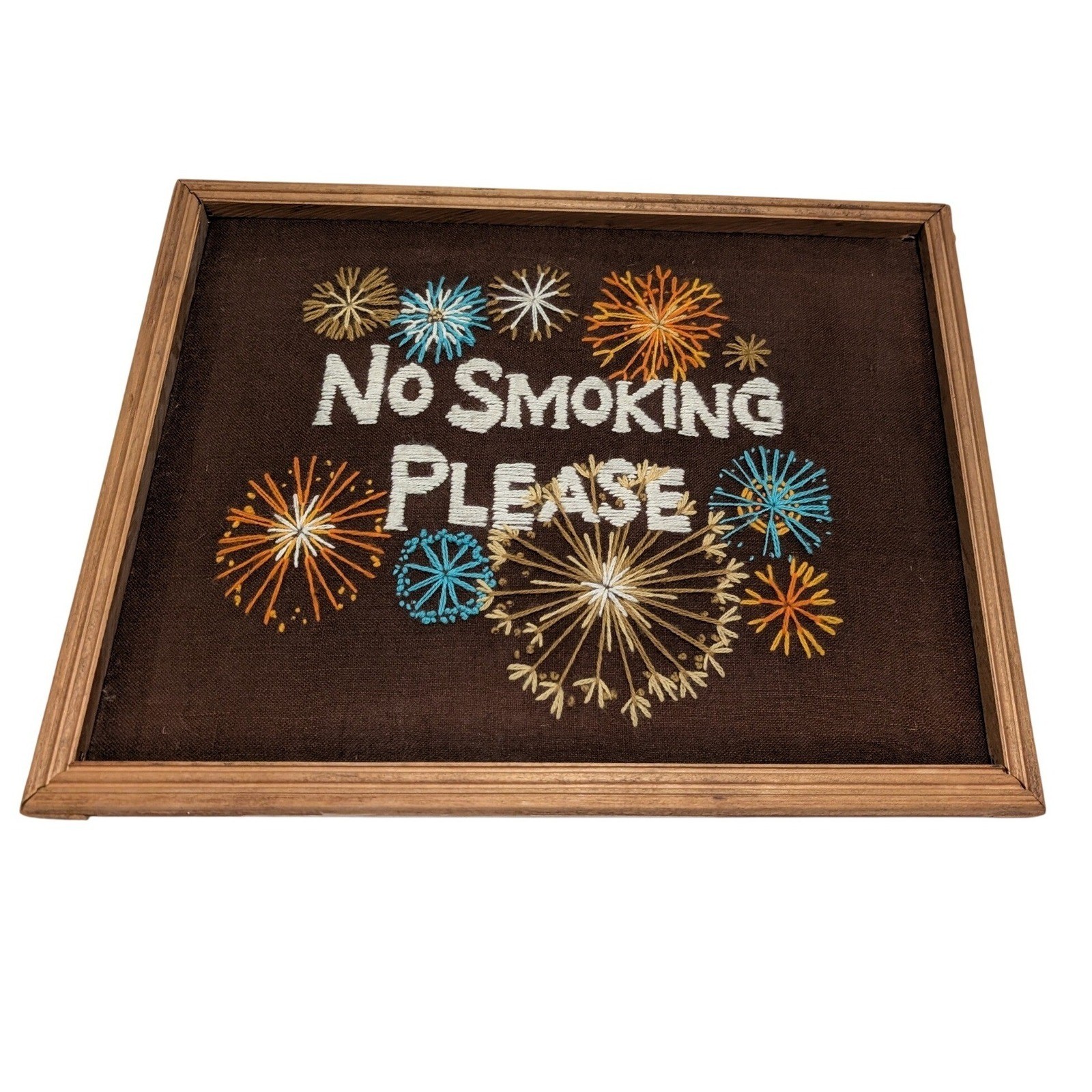 Vintage No Smoking Please Hand Embroidered Wall Art Wood Frame Retro Boho Decor gallery