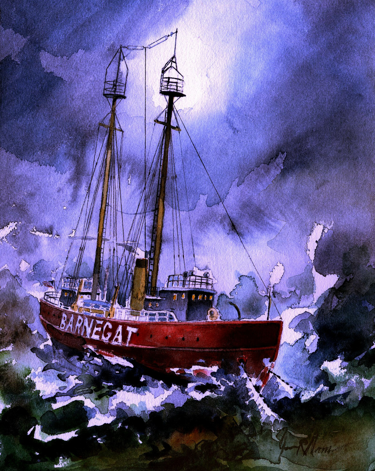 Lightship Barnegat 1930s. Midnight storm off Jersey Shore. James Mann Art Prints gallery