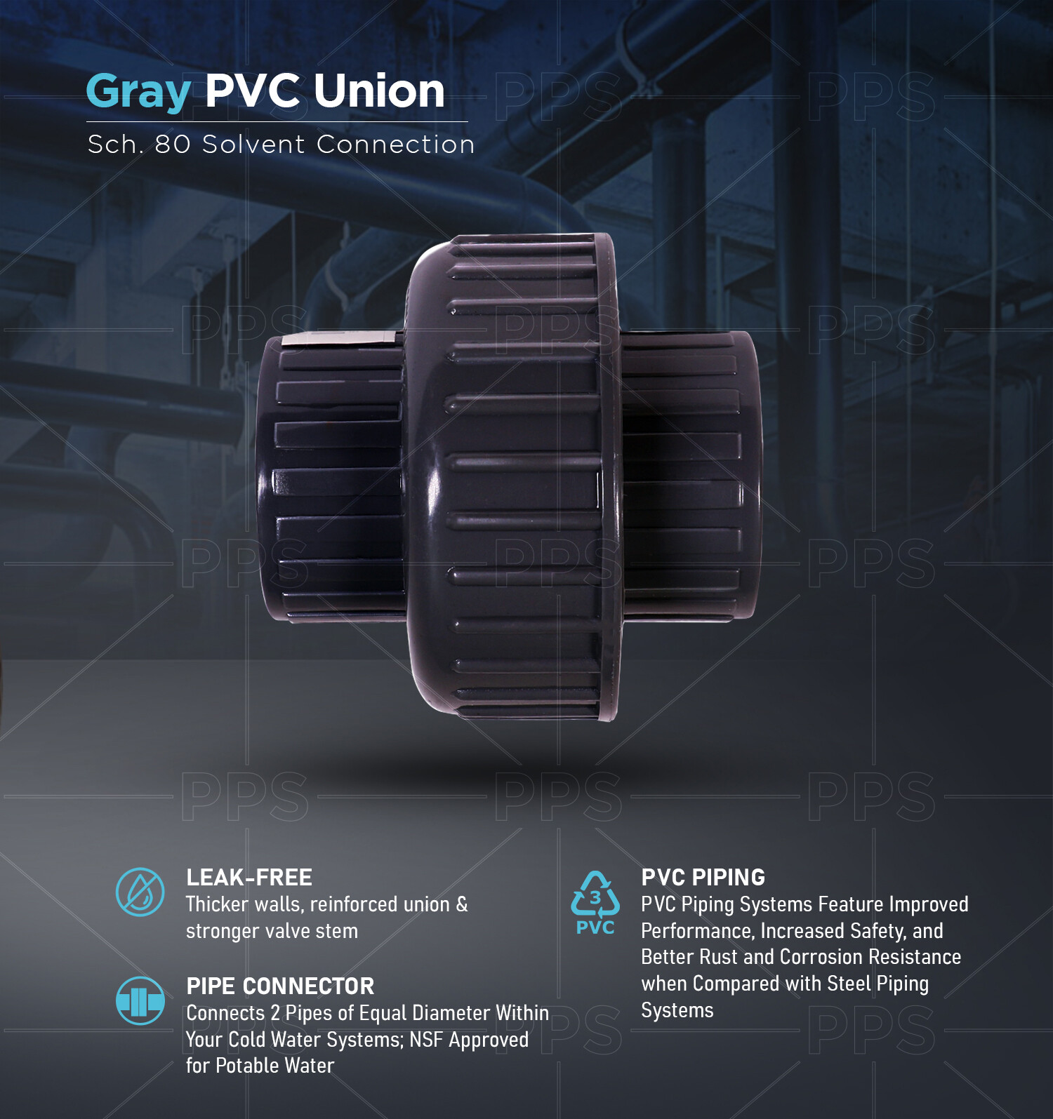 Midline Valve PVC Union Coupling Pipe Fitting 1/2''-2'' Solvent Connection Grey gallery