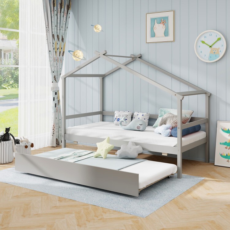Toddler Twin Size House Shaped Solid Wood Bed Frame w/ Space-saving Trundle Bed gallery