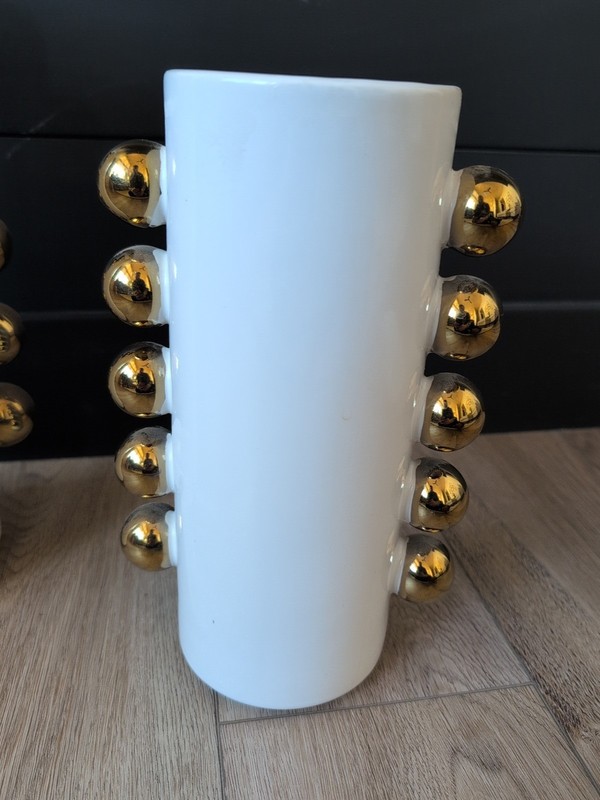 Set Of 2 Ceramic White Cylindrical Decorative Vases With Gold Accents gallery