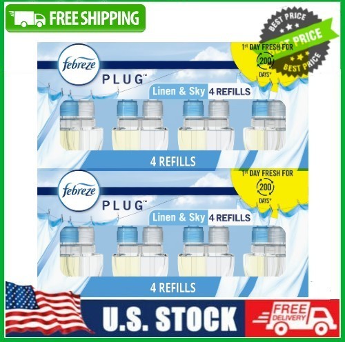 2 PACK x 4 Count Febreze Plug In Air Freshener Scented Oil Refill Linen & Sky gallery