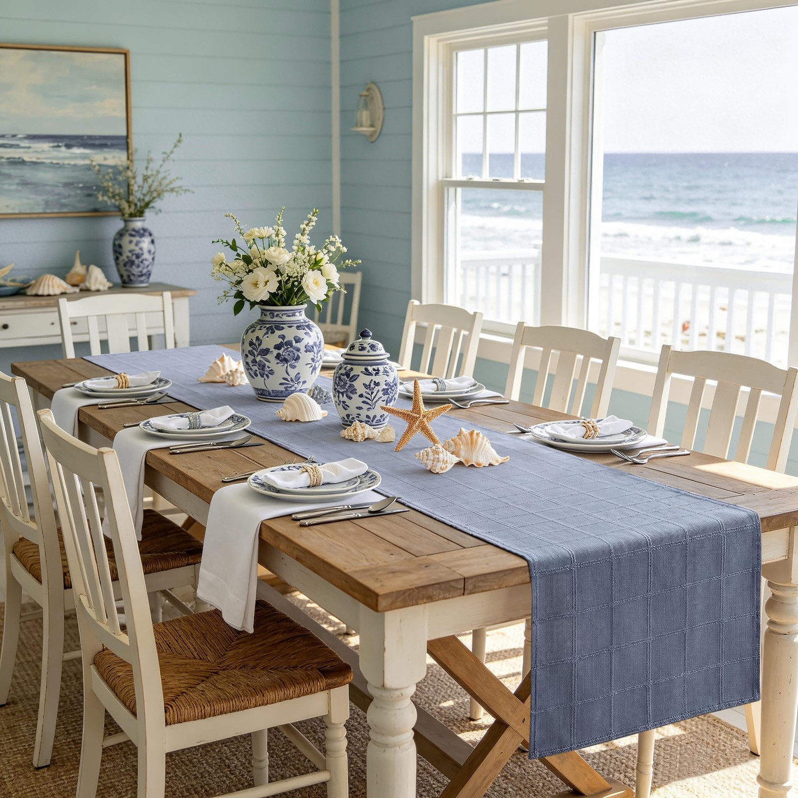 Dusty Blue Table Runner 72 inches Long, Summer Checked Table Runner for Dinin... gallery