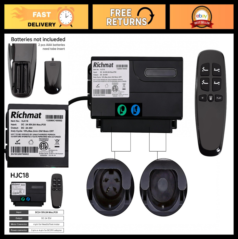 Adjustable Bed Control Box with Remote Replacement - 4 Pin Head & Foot Motor