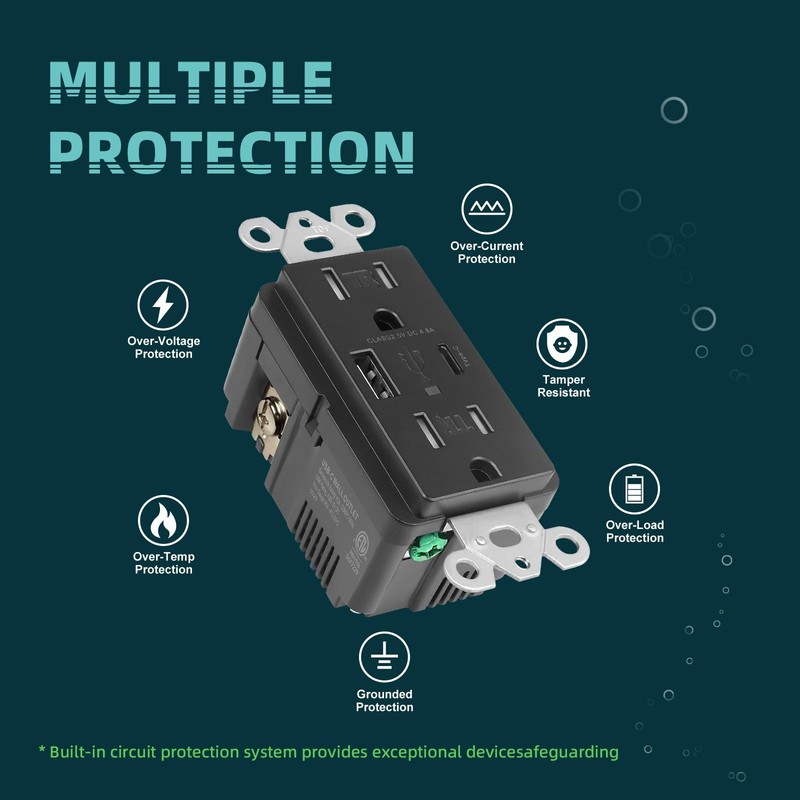 Black USB Wall Outlets, 4.8A USB Wall Receptacle with Type A & Type C Ports, Dup gallery