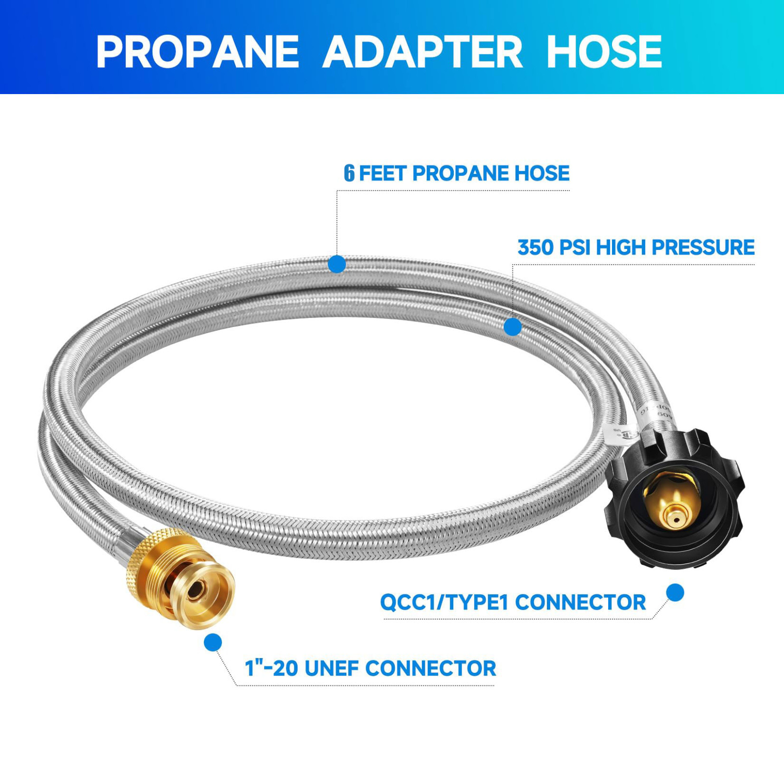 6FT 8FT 12FT Stainless Braided Propane Hose Adapter 1lb to 20lb Propane Tank gallery