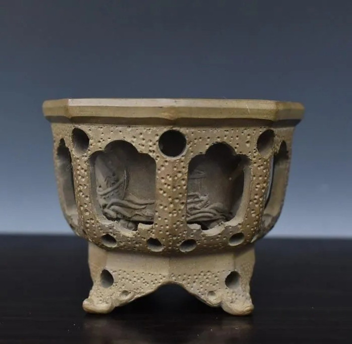 Japanese Bonsai pot TOJAKU RIN signed SUKASHI-BORI Octagon Brown w7.7" *1103 gallery