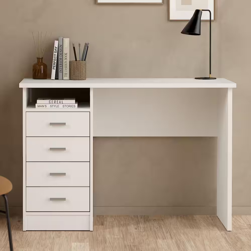 44 In. Rectangular White 4 Drawer Writing Desk with Built-In Storage gallery