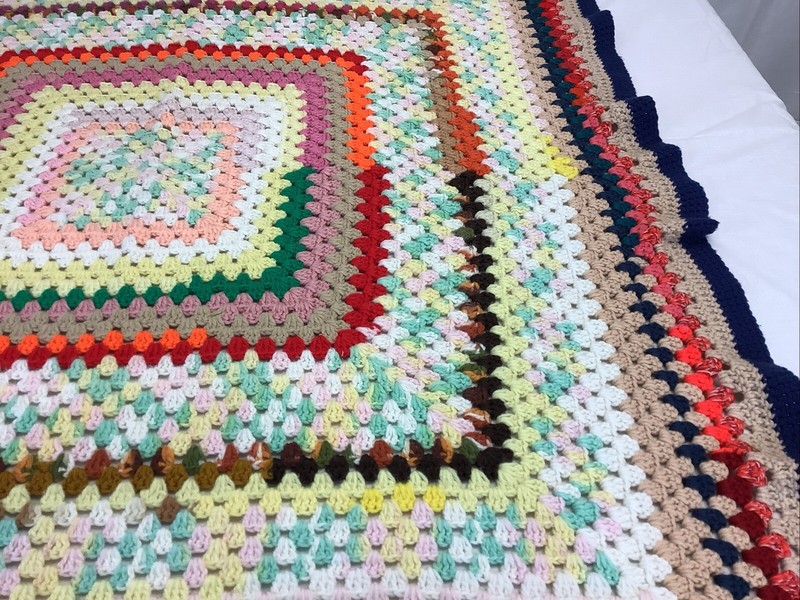 Boho handmade Crocheted Granny Square Afghan 49”x 51” Double Bed Size Vintage gallery