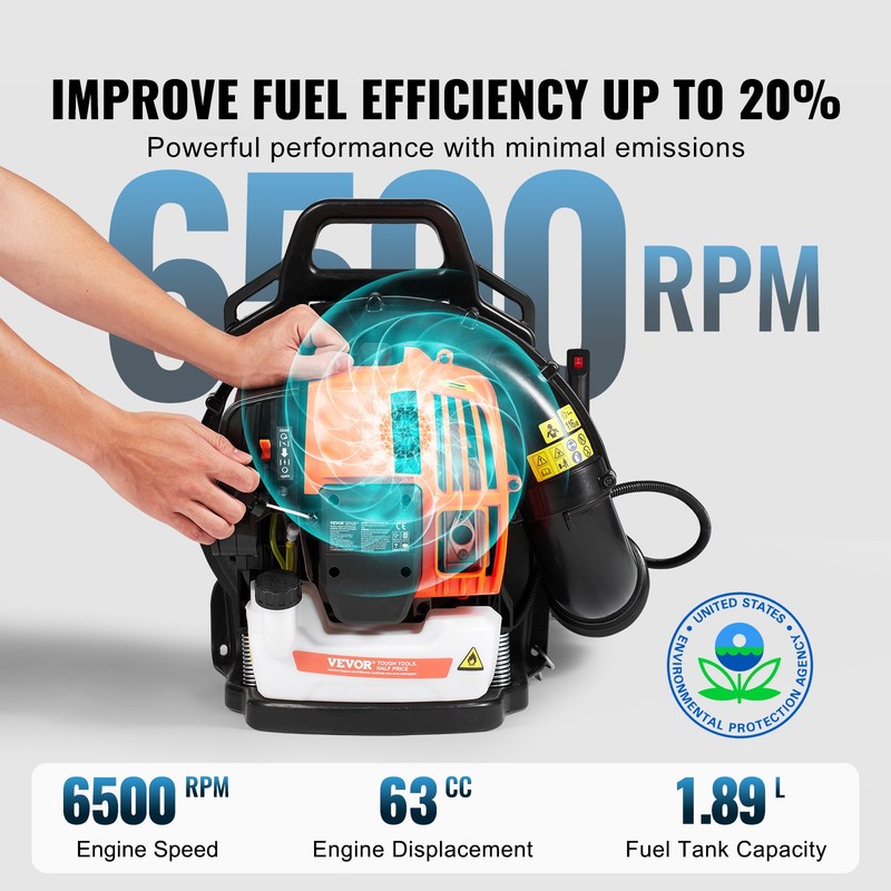 VEVOR Backpack Leaf Blower 62CC 2-Cycle Gas Leaf Blower 1110CFM Air Volume gallery