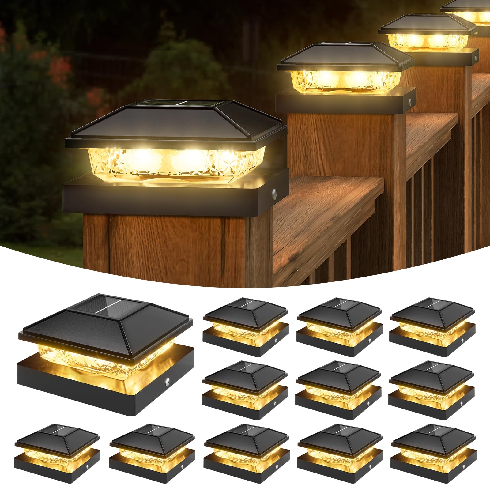Solar Fence Post Cap Lights 12 Pack 4x4 Waterproof Warm White Black VOLISUN Deck gallery