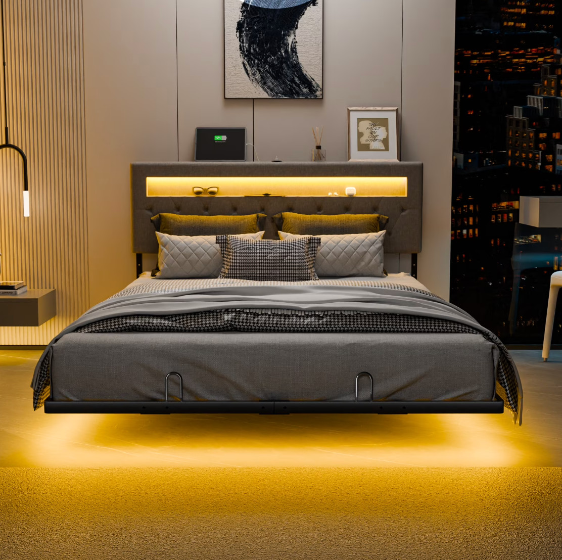 Queen Floating Bed Frame w/ LED Cama Queen con Luz LED Plataforma Gris NEW gallery