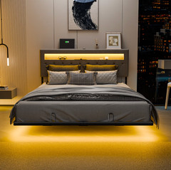 Queen Floating Bed Frame w/ LED Cama Queen con Luz LED Plataforma Gris NEW