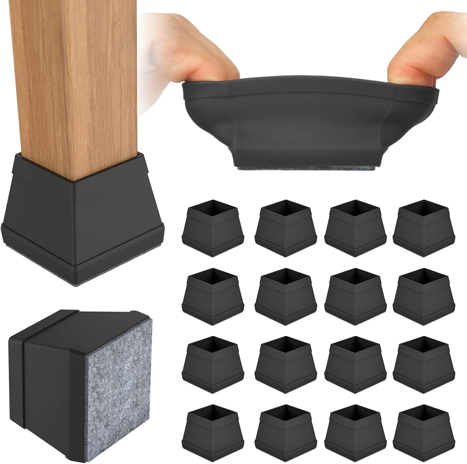 Square Chair Leg Protectors 16 Pack Silicone Felt Floor Pads 1.5 Inch Black gallery