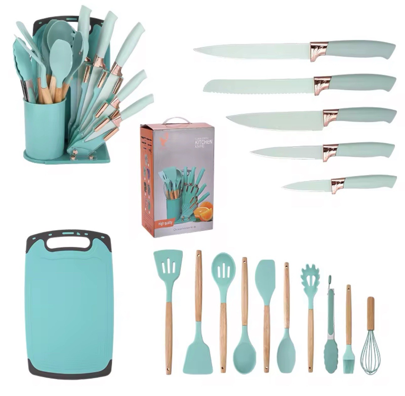 19-Piece Turquoise Kitchen Knife Set w/ Block & Cutting Board, 8in Serrated gallery