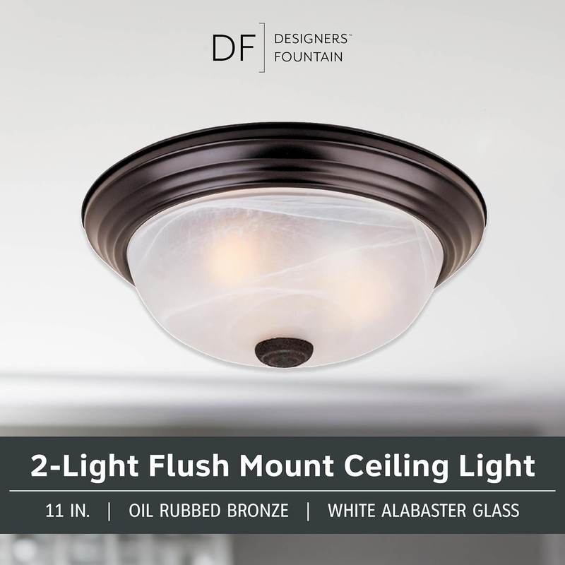 2-Light Flush Mount Ceiling Light 11 Inch White Alabaster Glass Bronze Fixture gallery