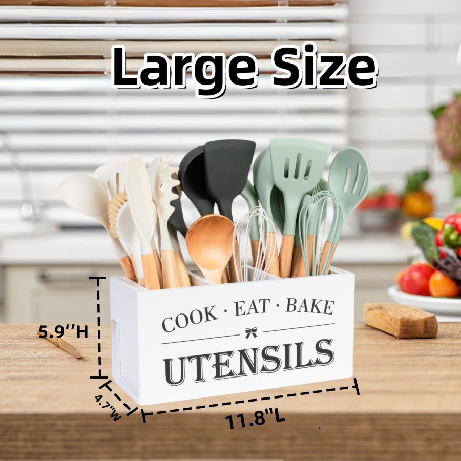 Kitchen Utensil Holder with 3 Compartments, Rustic Wooden Storage white gallery