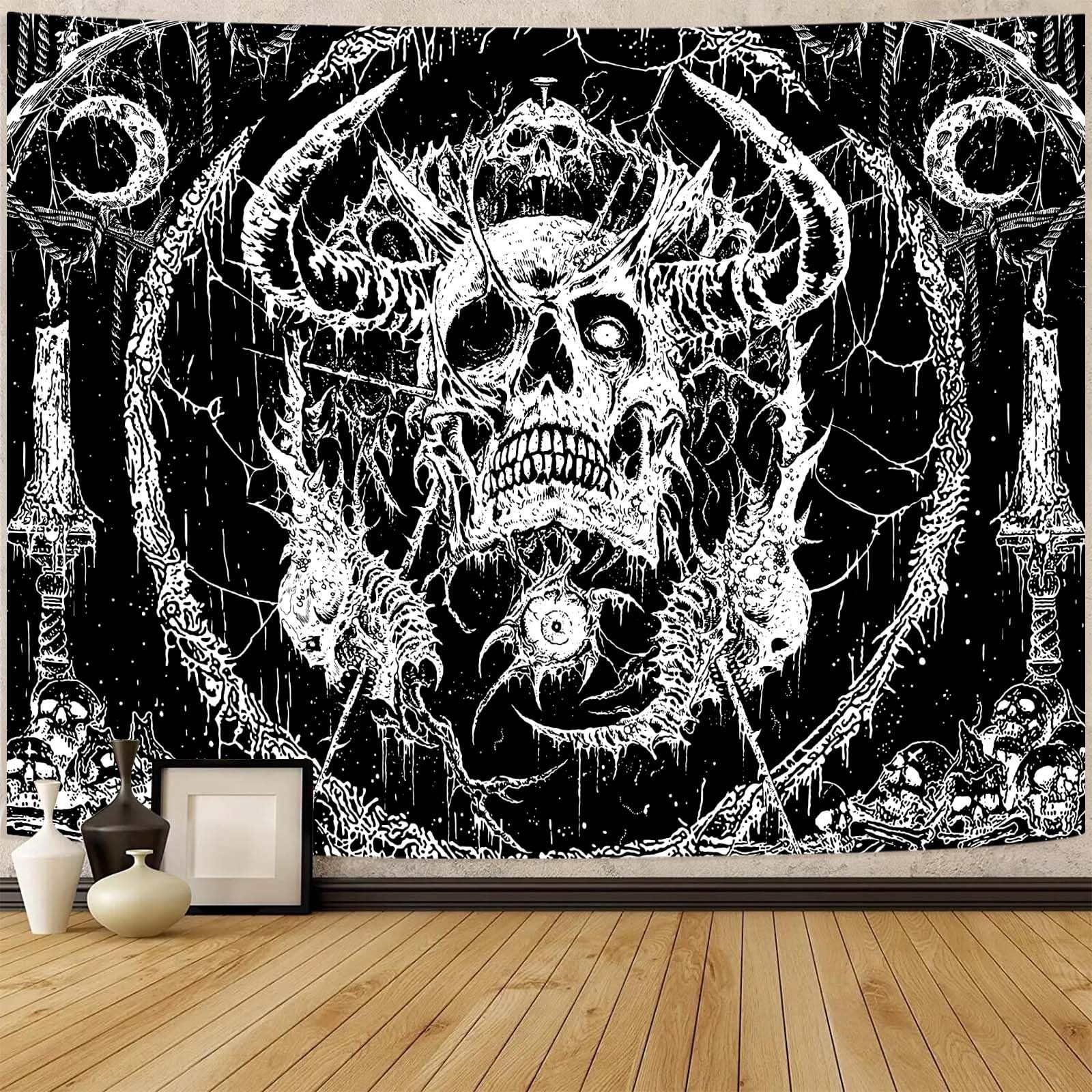 Lifeella Skull Tapestry, Gothic Horror Moon Skeleton 48"L x 36"W, Black gallery