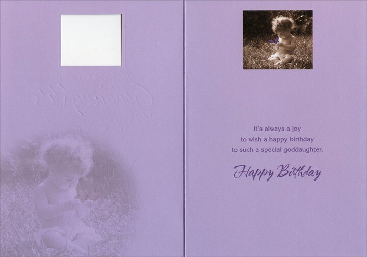 Child in Die Cut Window with Purple Textured Pattern: Goddaughter Birthday Card gallery
