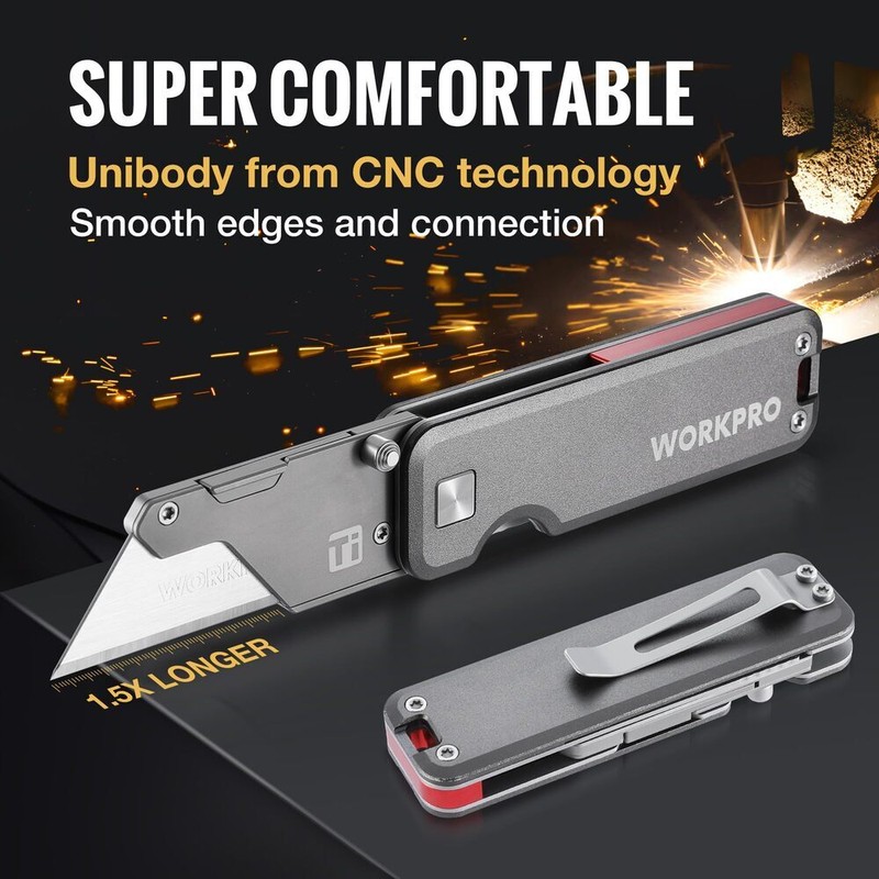 WORKPRO Titanium Folding Utility Knife CNC Unibody Box Cutter Quick Change Blade gallery