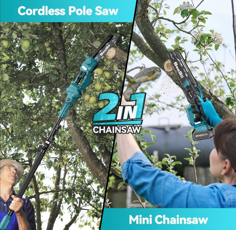 Seesii Cordless Pole Saw 8" Mini Chainsaw 10ft Reach Pole Saw for Trimming 2x4.0 gallery