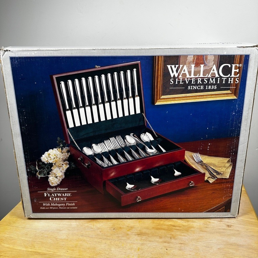 Wallace Silversmiths Single Drawer Mahogany Flatware Chest Hunter Green Lined gallery