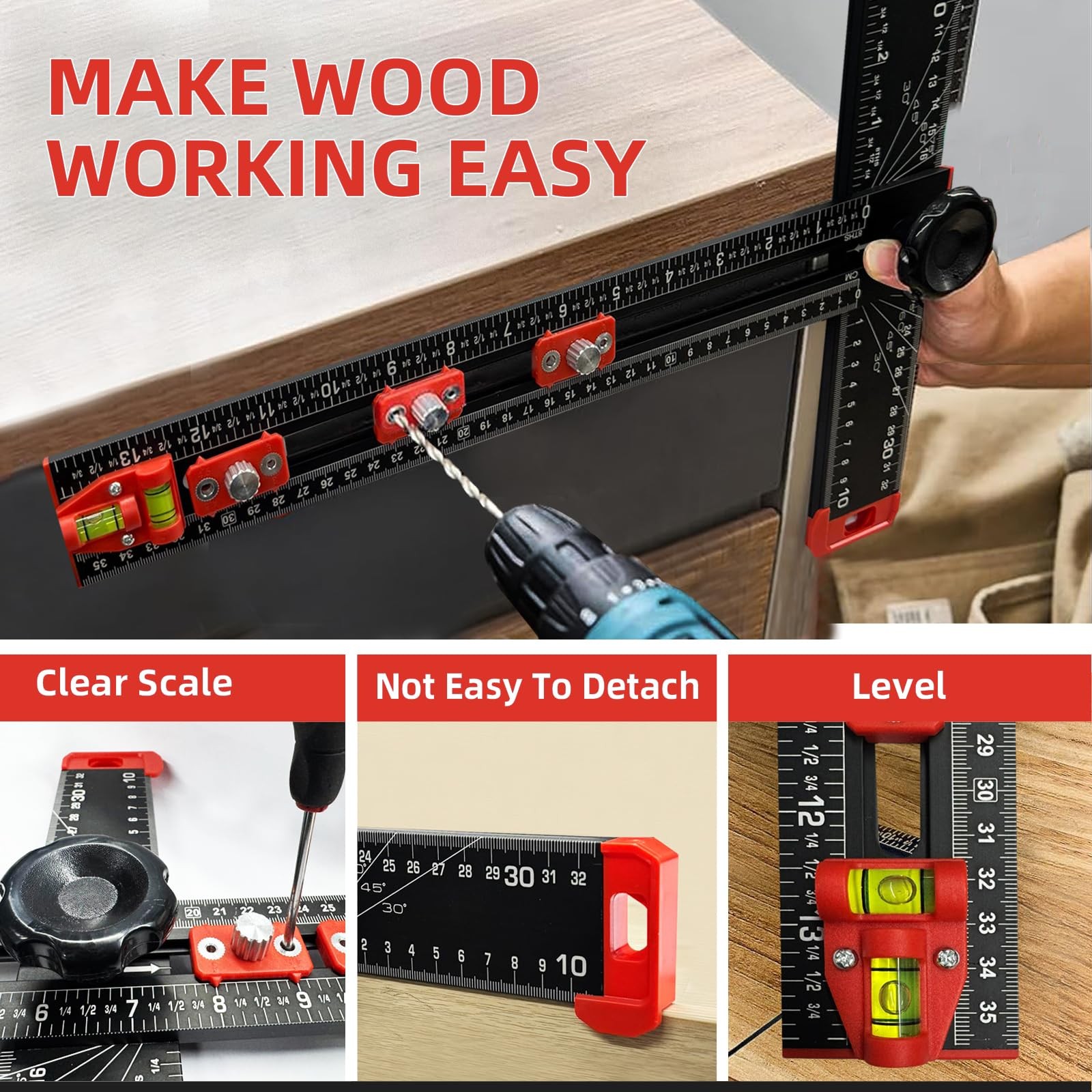 4 in 1 Drilling Ruler Adjustable 14 Inch/35cm TSquare Woodworking Tool gallery