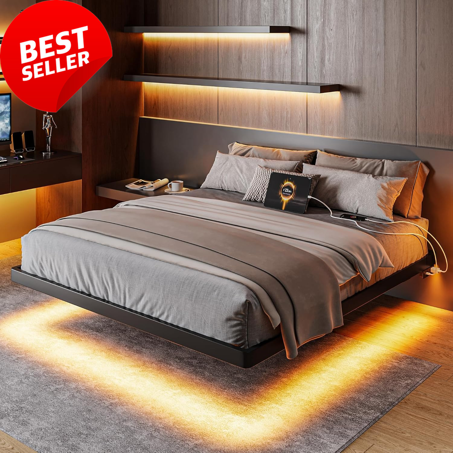 Full Size Floating Bed Frame with LED Lights & Charging Station, Black Metal gallery