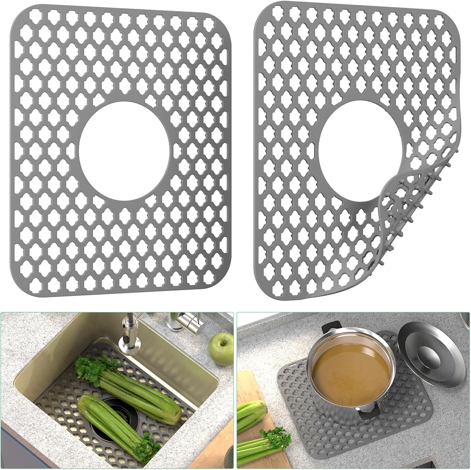 TOOVEM 2PC Silicone sink mat protectors Kitchen Sink Protector Grid with Drain gallery
