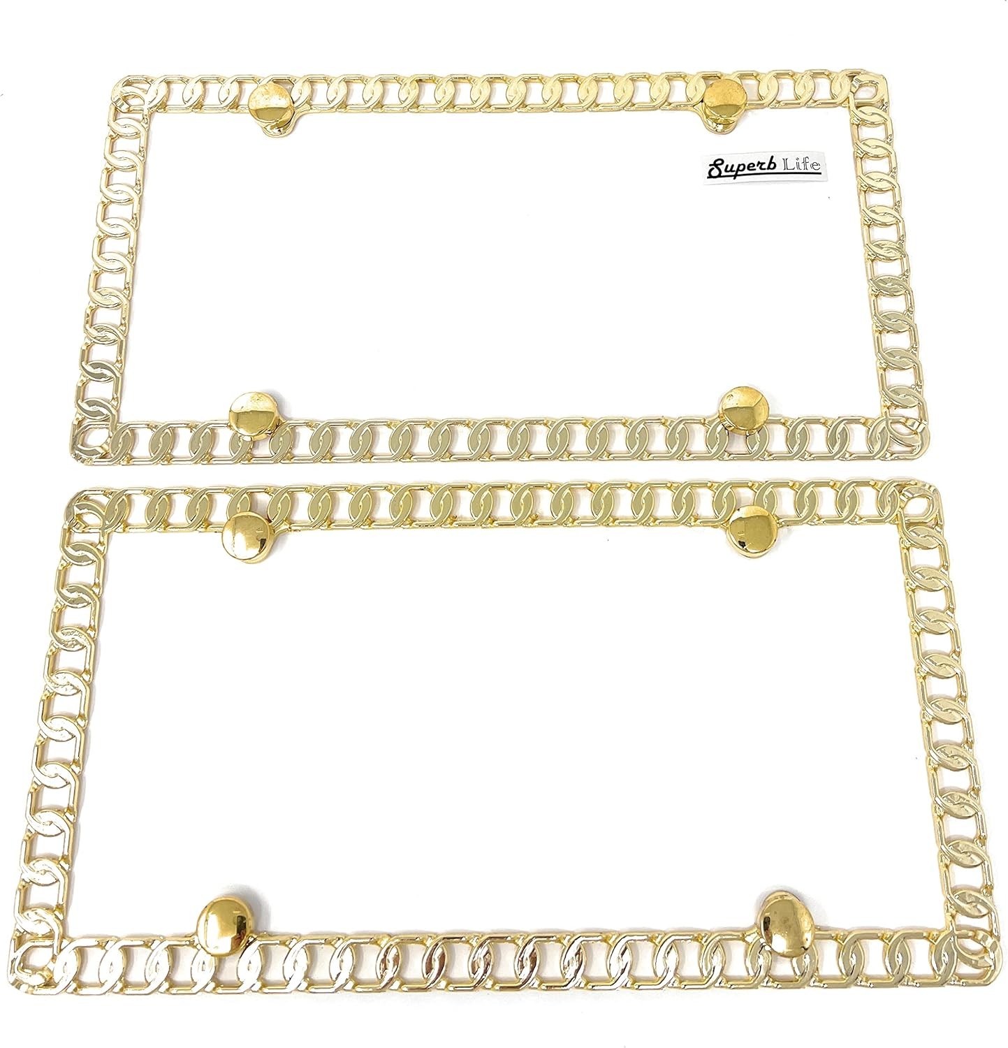 Mega-Metal Round Chain Link Design License Plate Frame with Screws Caps, Set of gallery