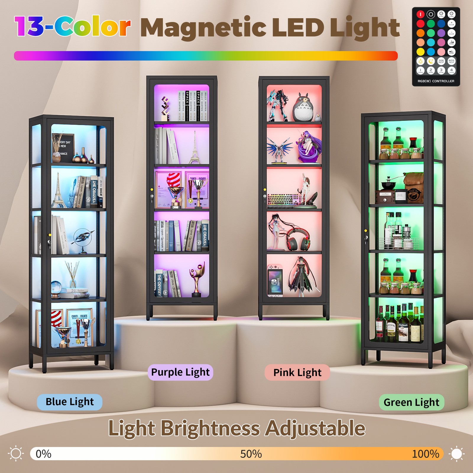 Magnetic LED Glass Display Cabinet with Lock Heavy Duty Steel Curio Display Case gallery