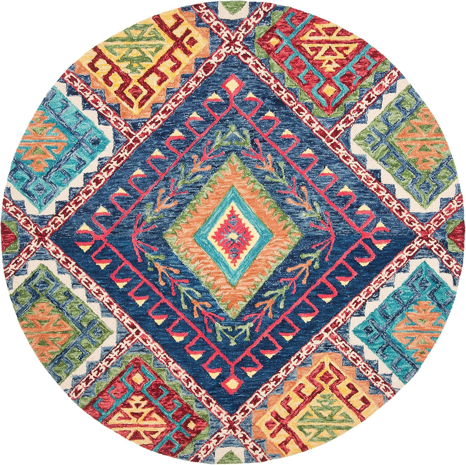 Handmade Boho 7' Round Blue/Multi Wool Area Rug - Aspen Collection gallery