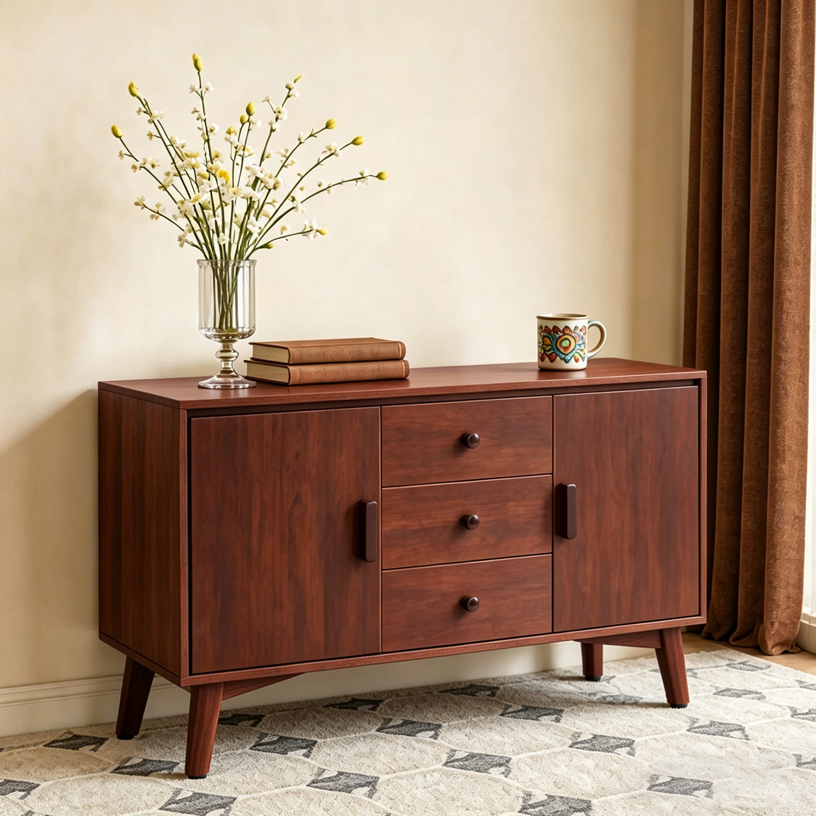 Mid Century Modern Sideboard Buffet Cabinet 47.3" Walnut 2 Doors 3 Drawers gallery