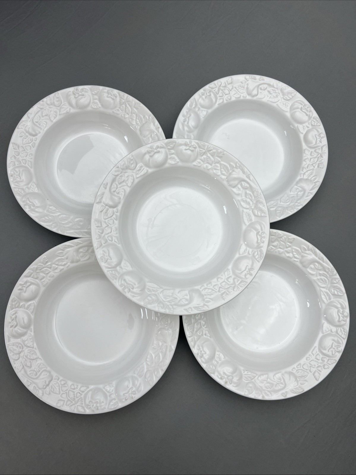 Set of 5 - Over and Back White Embossed Tomatoes 10 ½” Rimmed Soup Salad Bowls gallery