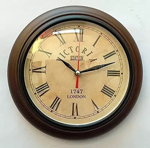 8" Wooden Deep Glass Wall Clock Antique Style Brown Finish Wall Clock Silent gallery