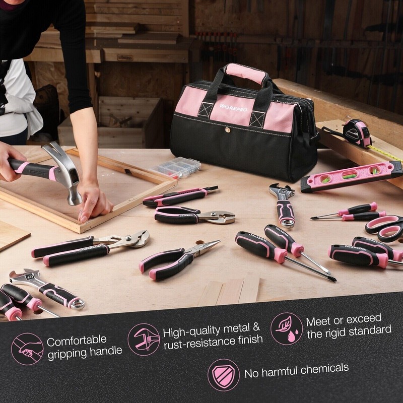 WORKPRO Pink Tool Set 277PC Apartment Essentials Hand Tool Bag Set with 13''Bag gallery