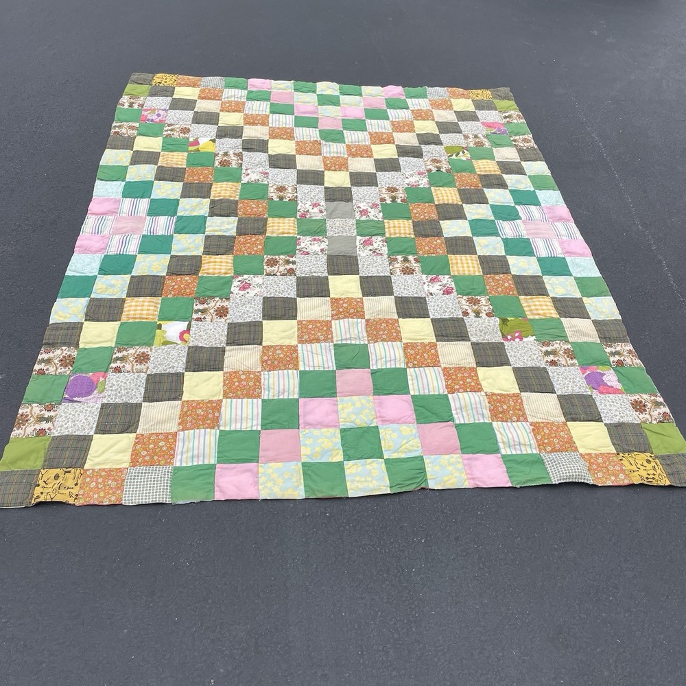 Vintage Patchwork Granny Square Quilt Homemade Reversible 81” x 96” in Antique