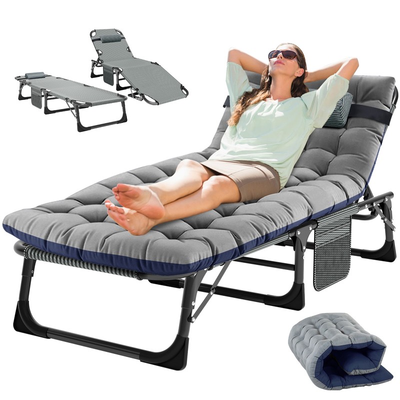 NAIZEA Camping Cot 4 Gears Adjustable Folding Chaise Chair Bed w/Mattress Pillow gallery