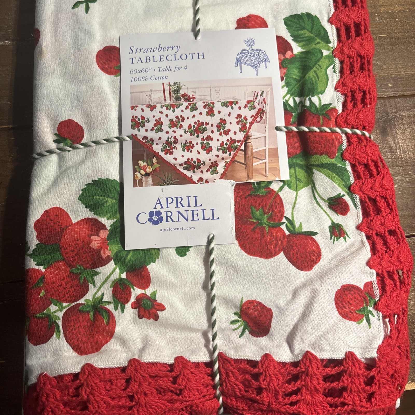 April Cornell STRAWBERRY Tablecloth Cotton Crocheted Trim 60”x 60” + 3 Towels gallery