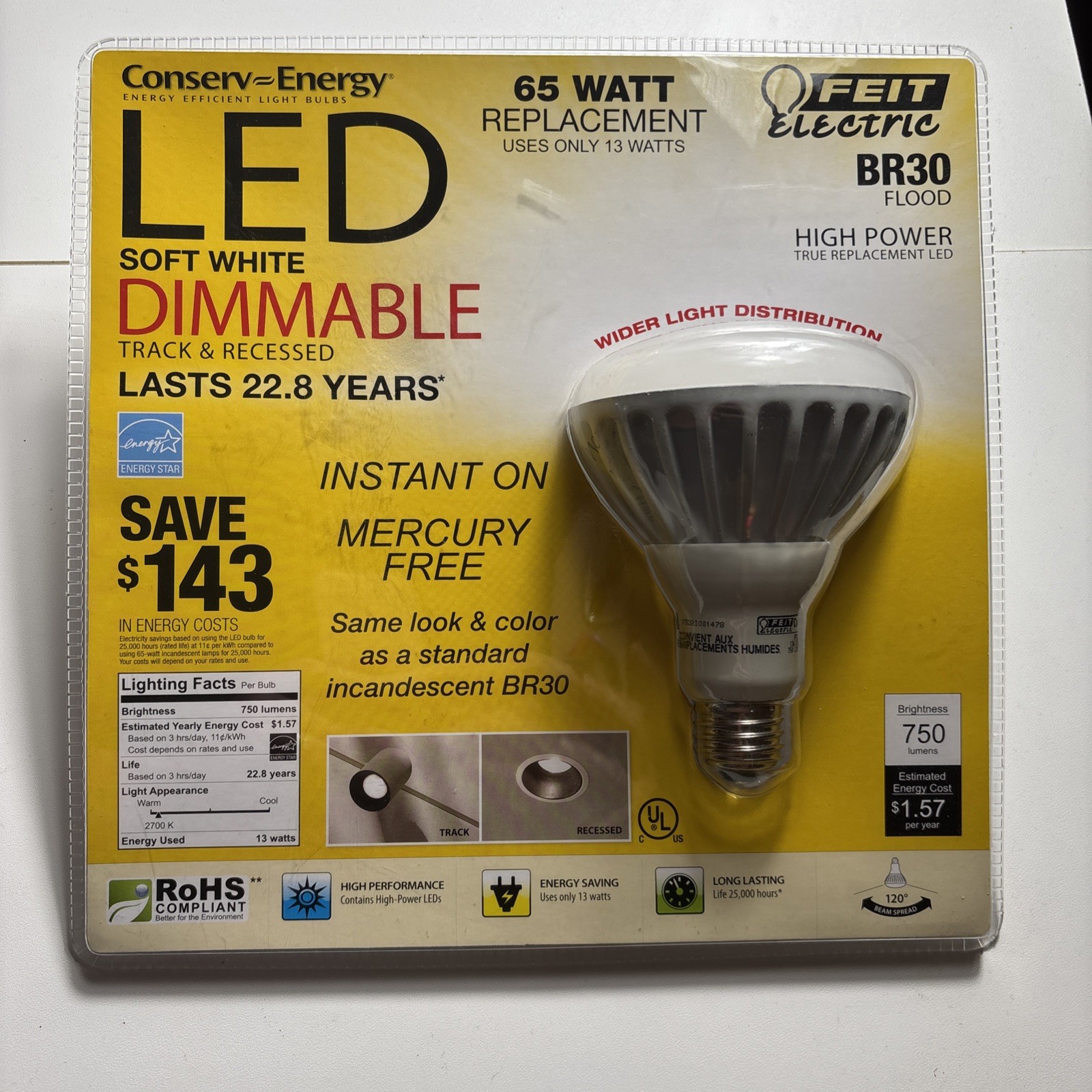 Feit Electric LED Soft White Dimmable BR30 Flood 65W Replacement 750 Lumens gallery