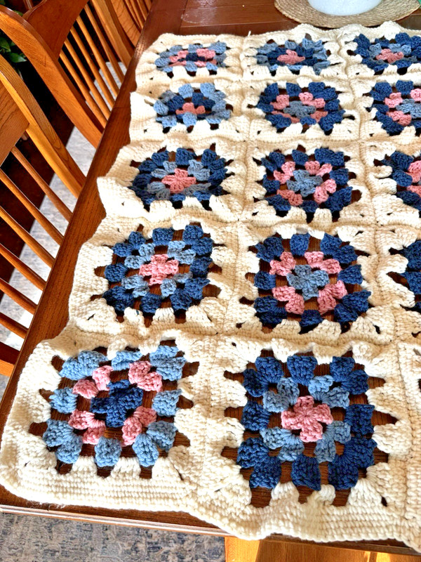 Granny Square Crochet Afghan Blanket Throw Colorful 32 X 40” Cream Blue Pink gallery