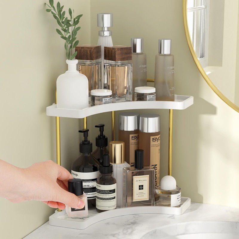 2-Tier Hancrafted Ceramic Bathroom Counter Organizer, Marble Pattern Corner B... gallery