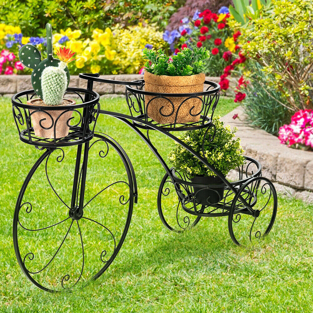 Bicycle Shape Plant Stand Wrought Iron Tricycle Planter Home Garden Patio Decor gallery