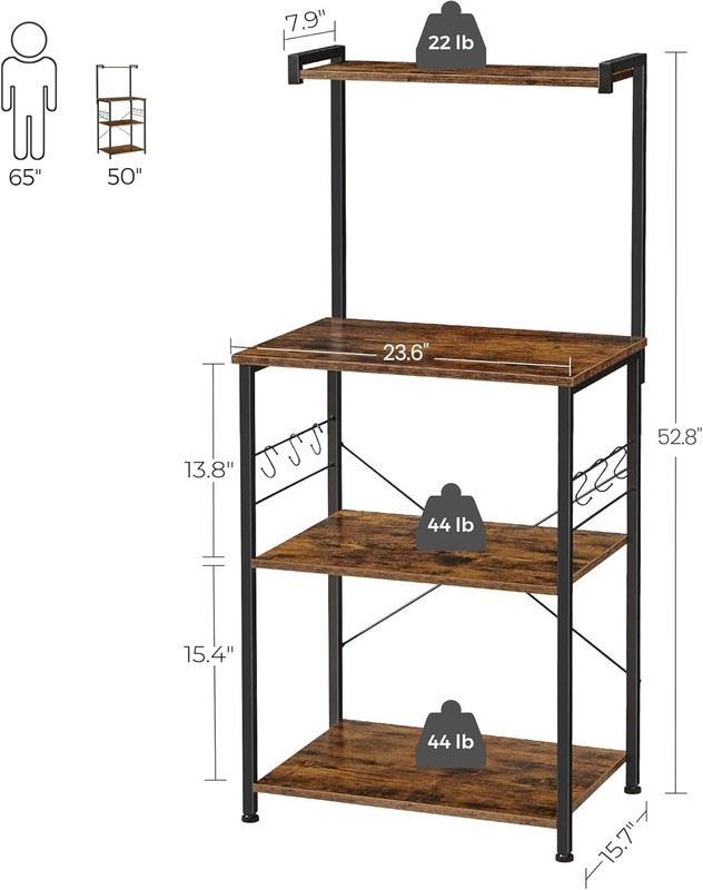 Rustic Brown & Black 3-Tier Bakers Rack with 6 S-Hooks - Stylish Kitchen Storage gallery