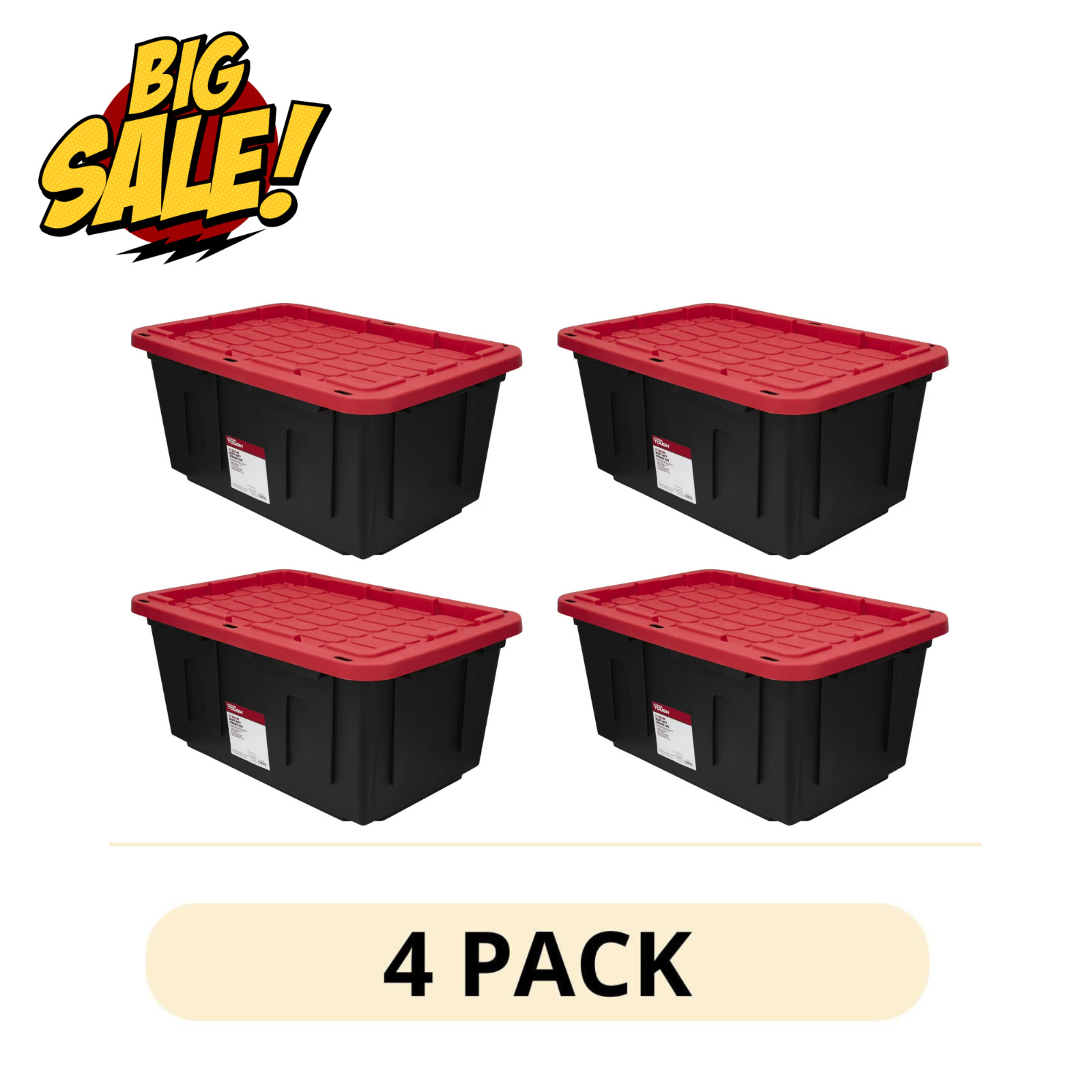4 Pack Hyper Tough 27 Gallon Storage Bin Black Red Snap Lid Heavy Duty Tote gallery