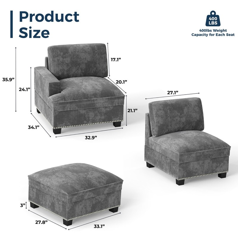 Canmov Cloud Modular Sectional Sofa with Movable Ottoman, Gray Convertible Couch gallery