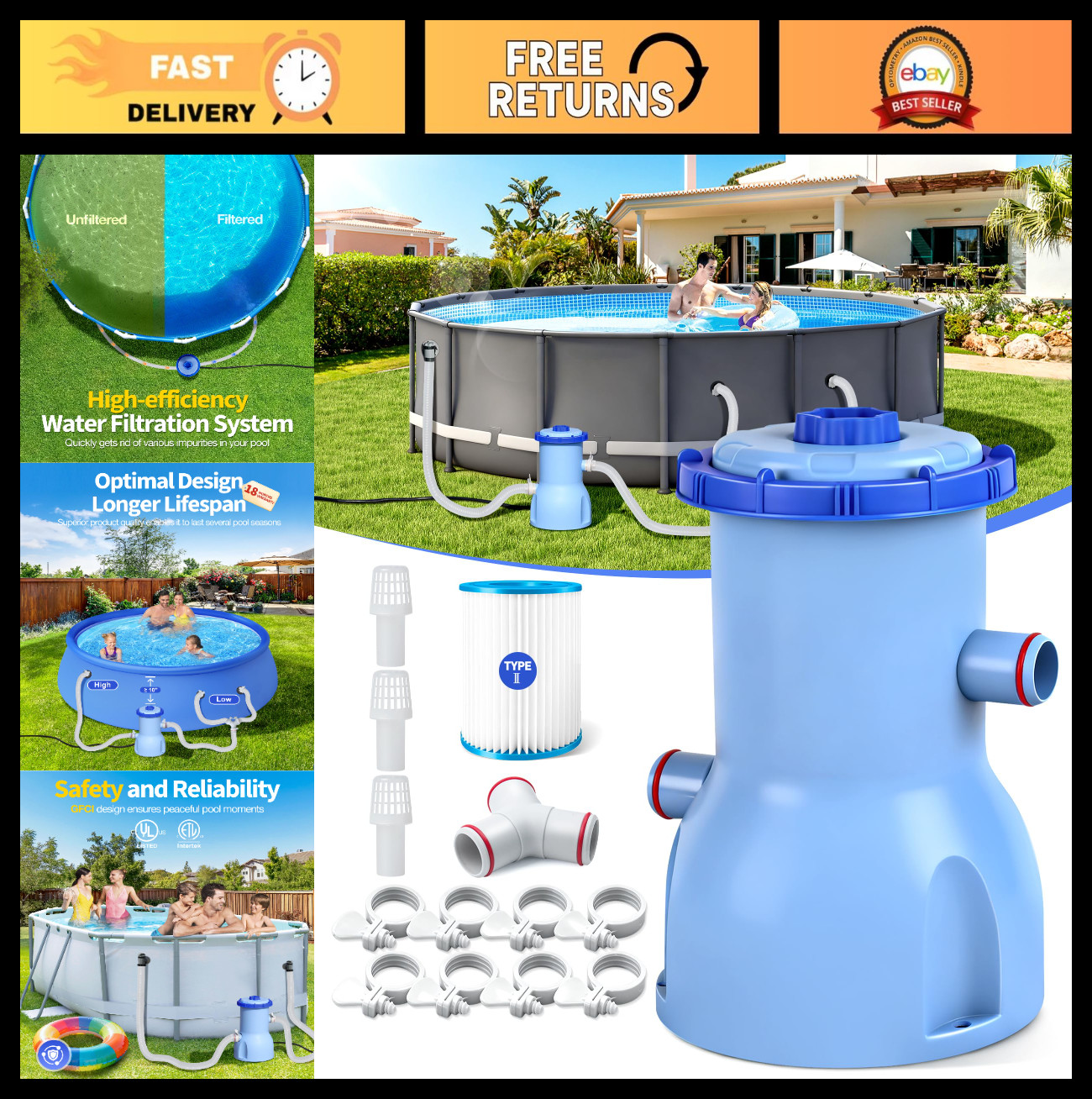 530 GPH Small Pool Filter Pump - ETL Certified Cartridge System for Above Ground gallery